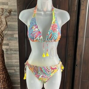 Bleu Rod Beattie Multicolor Paisley yellow tassel bikini- size 6